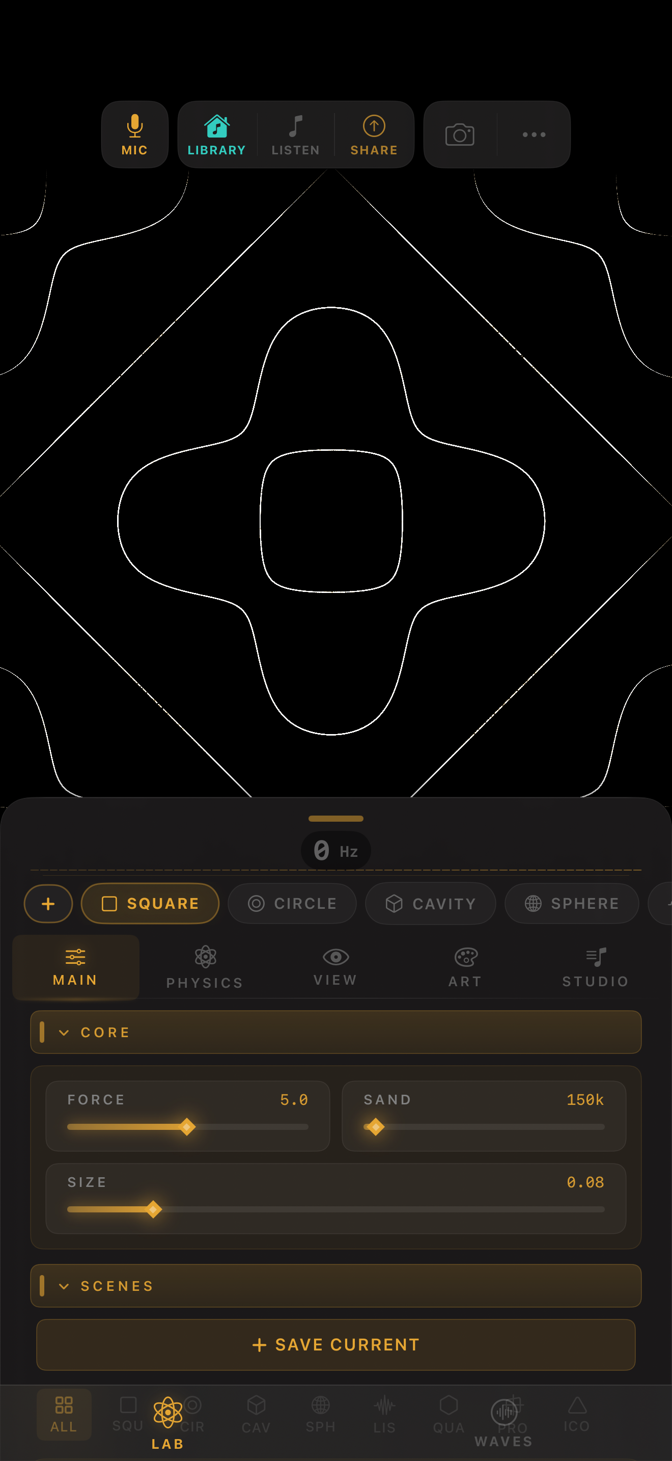 Cymatics Lab control panels showing Main, Physics, View, Art, and Studio tabs